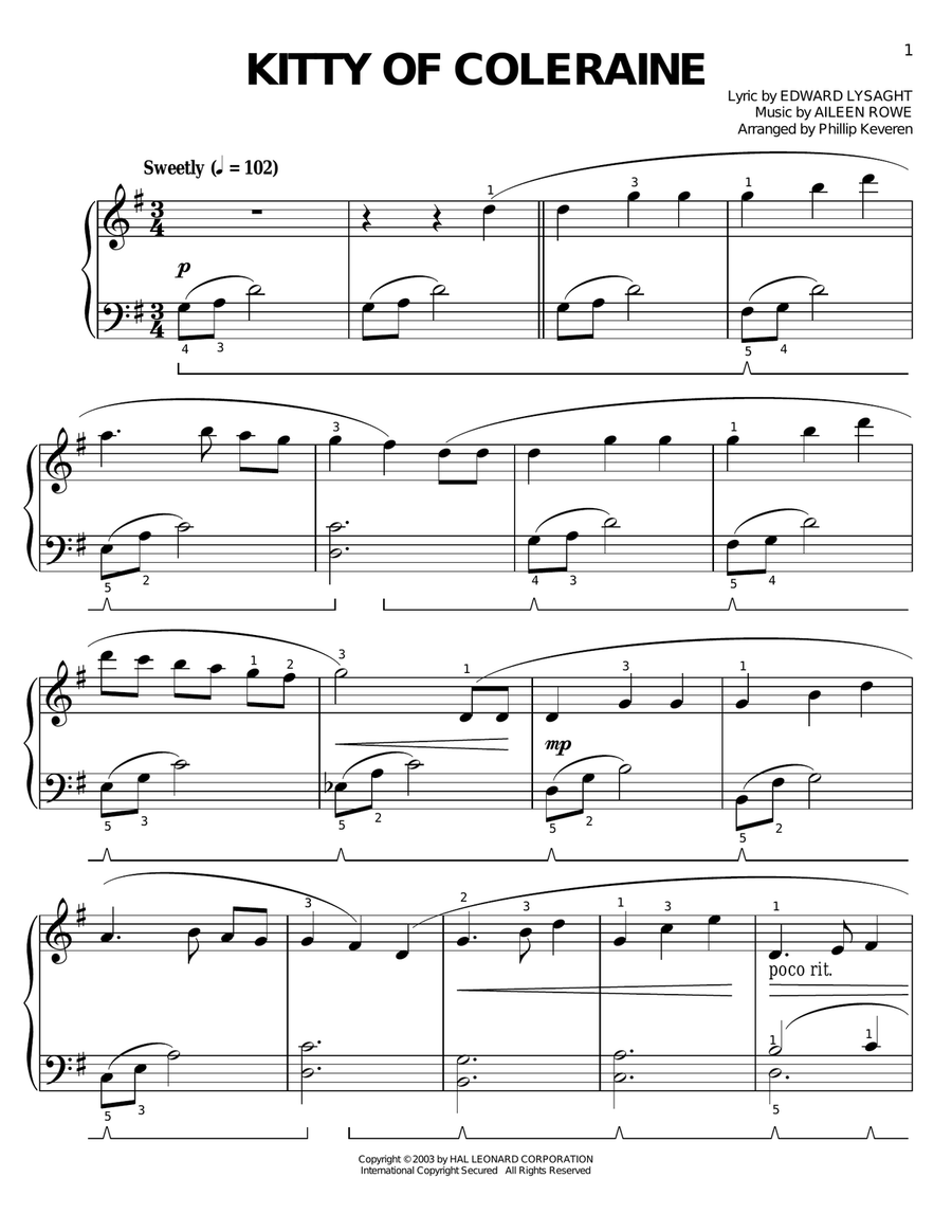 Kitty Of Coleraine (arr. Phillip Keveren) Easy Piano scores gallery preview page 1