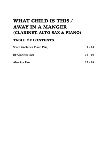 Christmas Medley (What Child is This / Away in a Manger): Trio for Clarinet, Alto Sax and Piano image number null