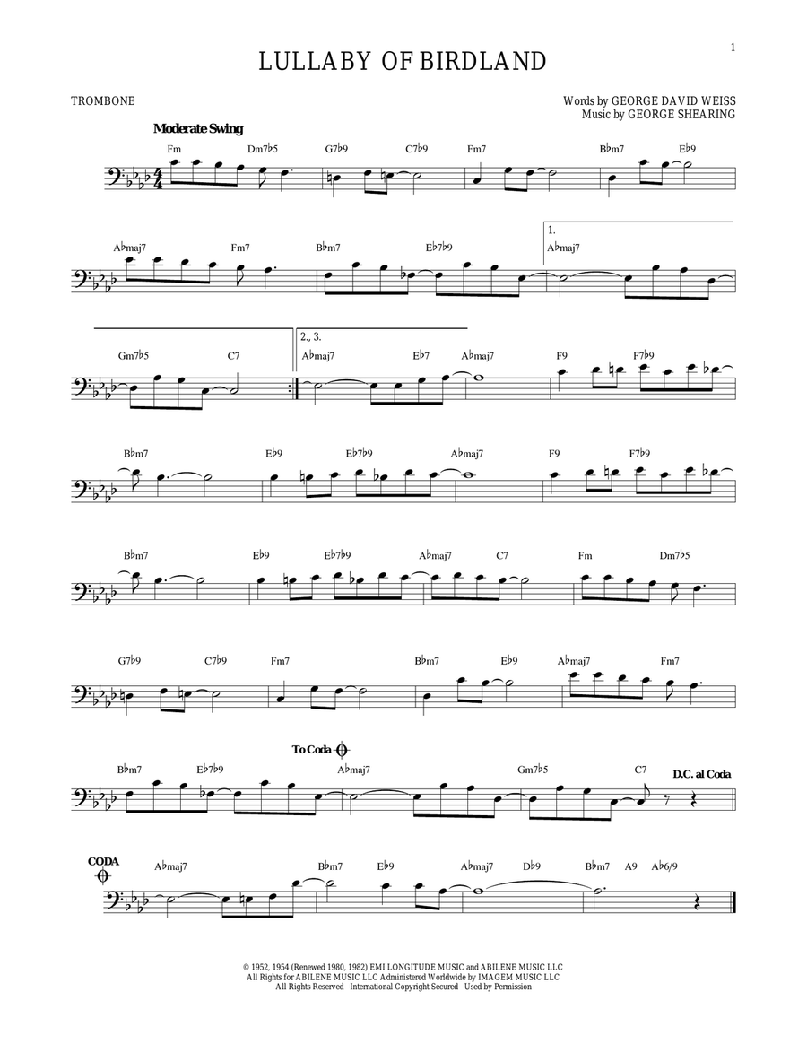 Lullaby Of Birdland Lullaby Of Birdland Trombone Solo scores gallery preview page 1