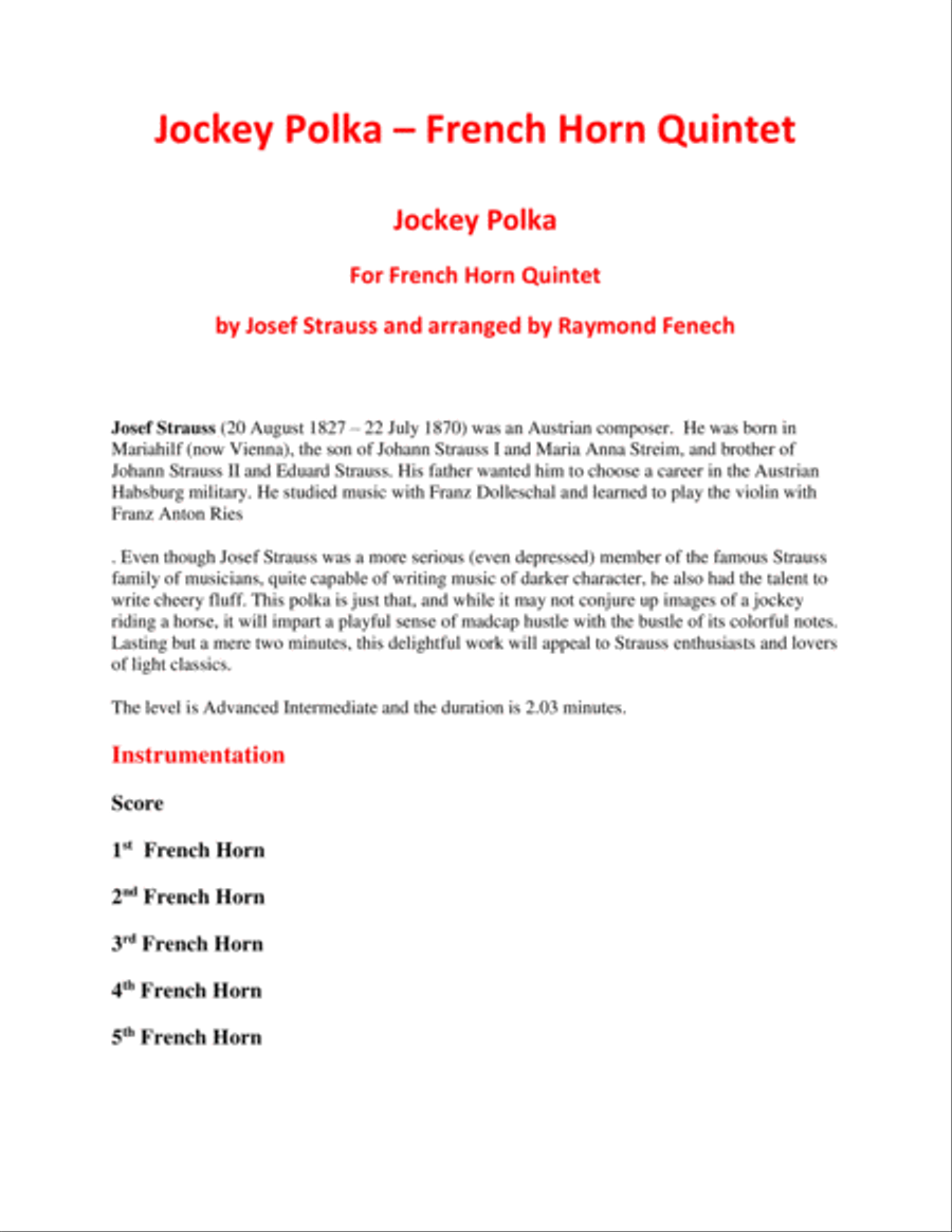 Jockey Polka (Josef Strauss) - for Horn Quintet (5 French Horns) Brass Quintet scores gallery preview page 2