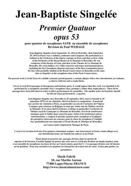 Jean-Baptiste Singelée: Premier Quatuor opus 53 pour quatuor de saxophones SATB ou ensemble de saxo by Paul Wehage Tenor Saxophone - Digital Sheet Music