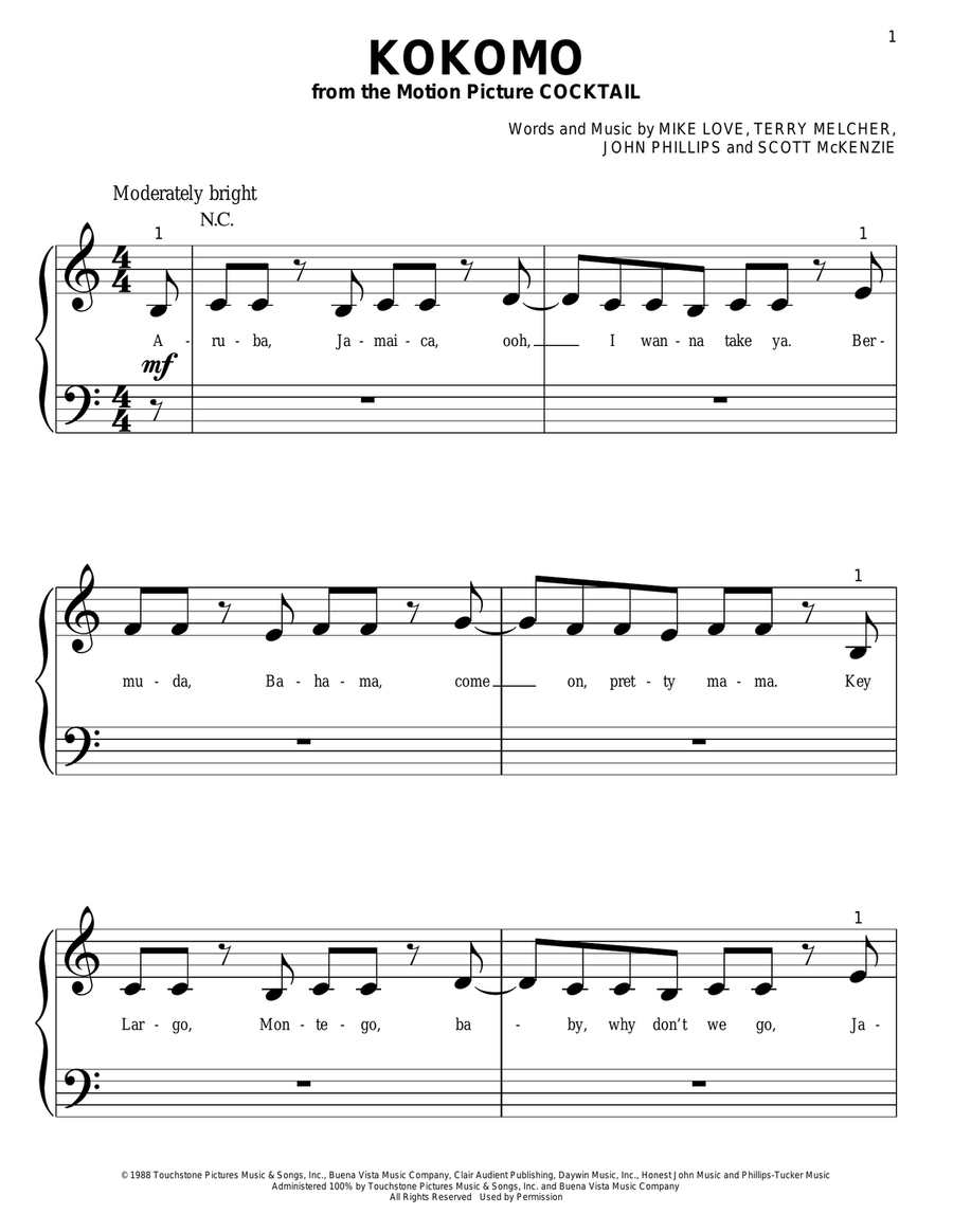 Kokomo Easy Piano scores gallery preview page 1