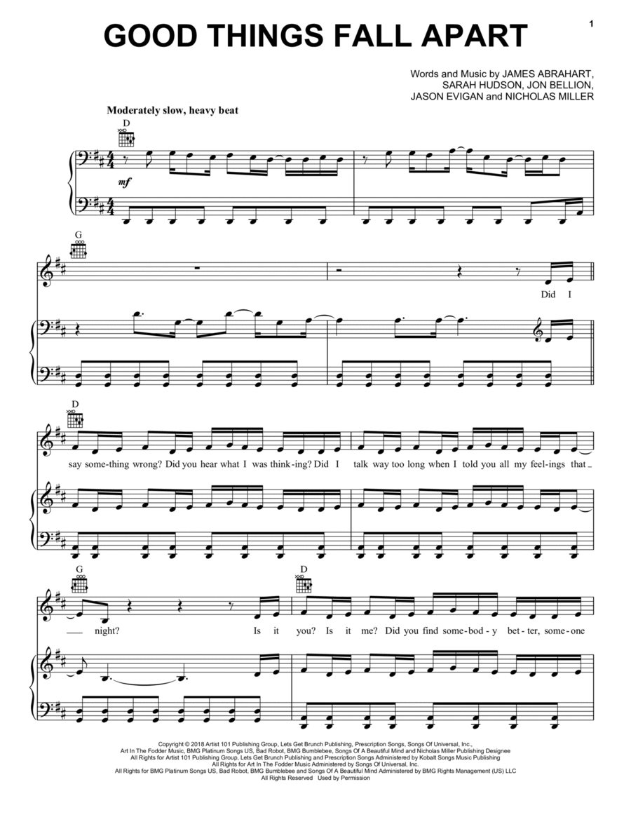 Good Things Fall Apart Piano, Vocal, Guitar scores gallery preview page 1