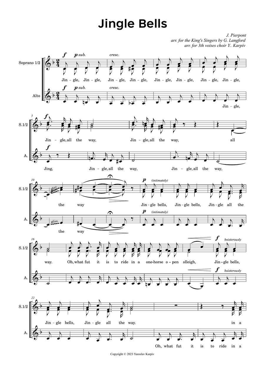 Jingle Bells (The King's Singers) SSA scores gallery preview page 1