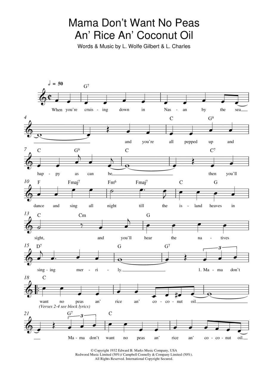 Mama Don't Want No Peas An' Rice An' Coconut Oil Piano scores gallery preview page 1