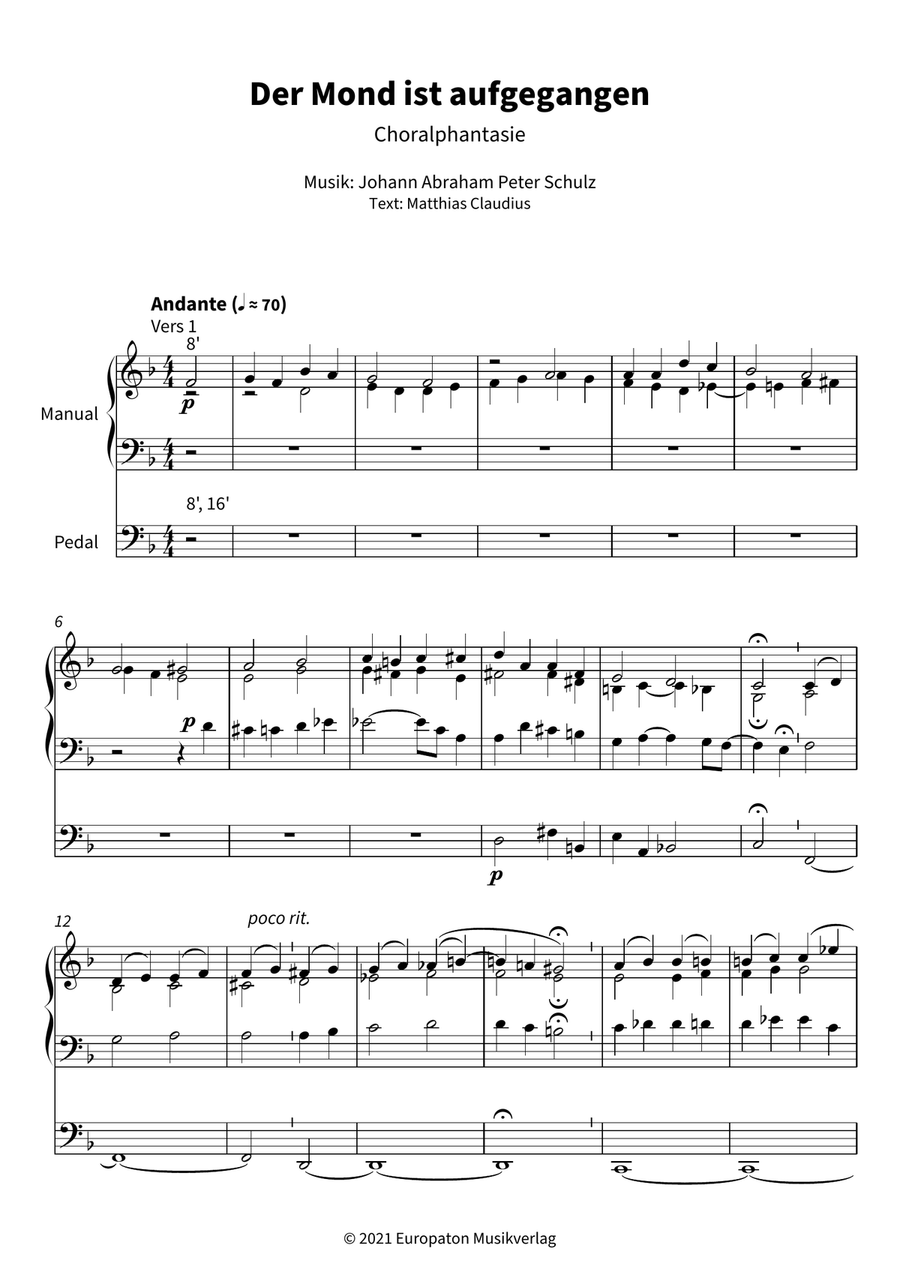 Der Mond ist aufgegangen by Johann Abraham Peter Schulz Organ - Digital Sheet Music page 3