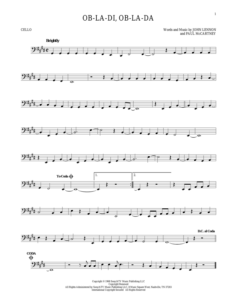 Ob-La-Di, Ob-La-Da Ob-La-Di, Ob-La-Da Cello Solo scores gallery preview page 1