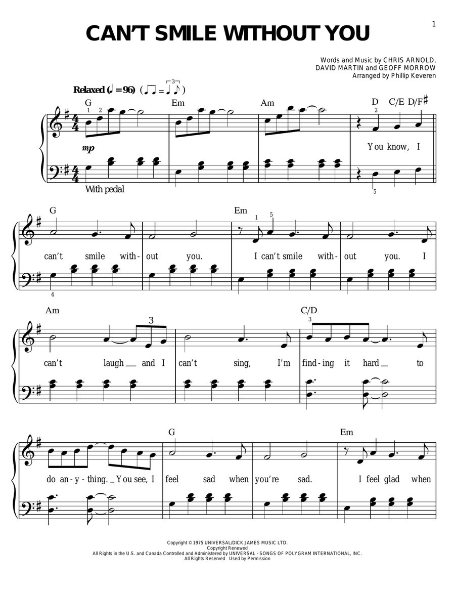 Can't Smile Without You (arr. Phillip Keveren) Easy Piano scores gallery preview page 1