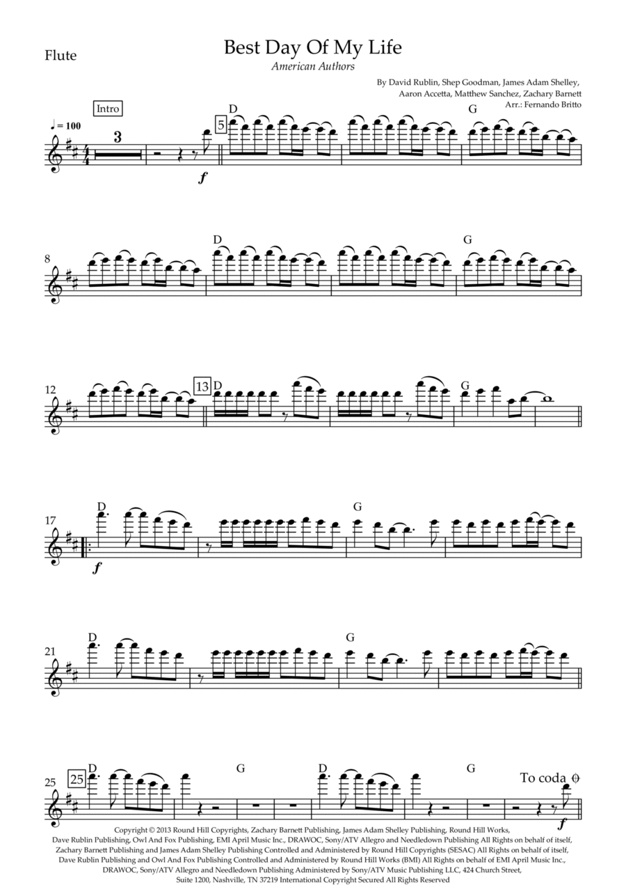 Best Day Of My Life Best Day Of My Life Flute Solo scores gallery preview page 1