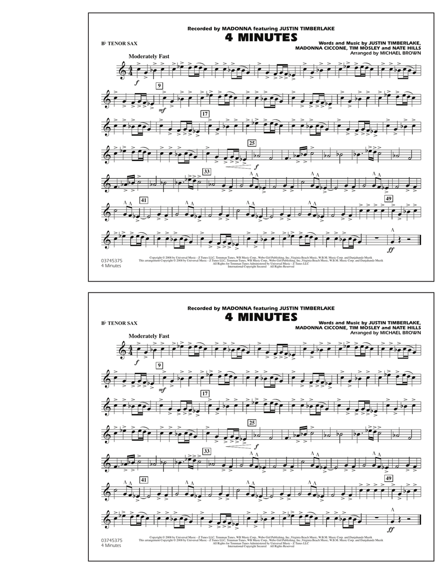4 Minutes - Bb Tenor Sax 4 Minutes - Bb Tenor Sax Marching Band scores gallery preview page 1
