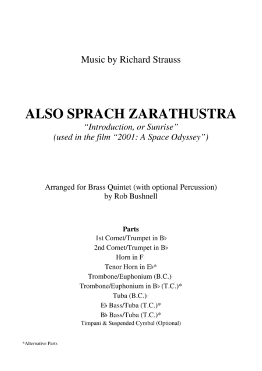 Also sprach Zarathustra (Richard Strauss) - Brass Quintet (with optional Percussion) Baritone Horn TC scores gallery preview page 2