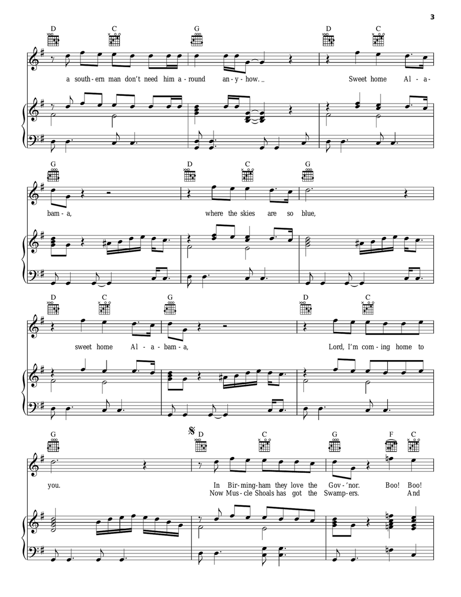 Sweet Home Alabama Piano, Vocal, Guitar scores gallery preview page 3
