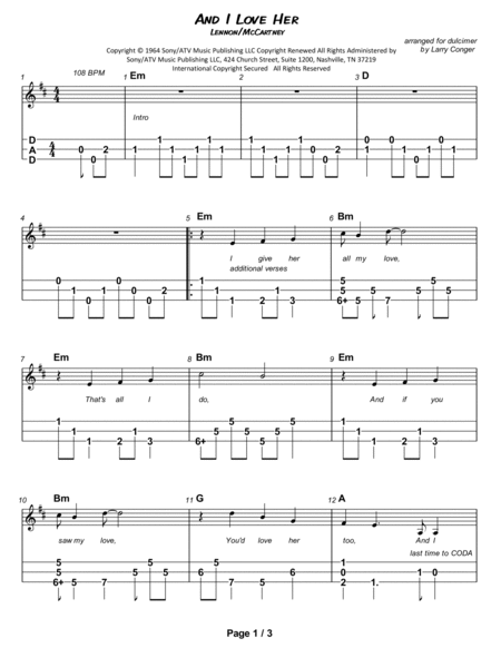 And I Love Her by The Beatles Dulcimer - Digital Sheet Music