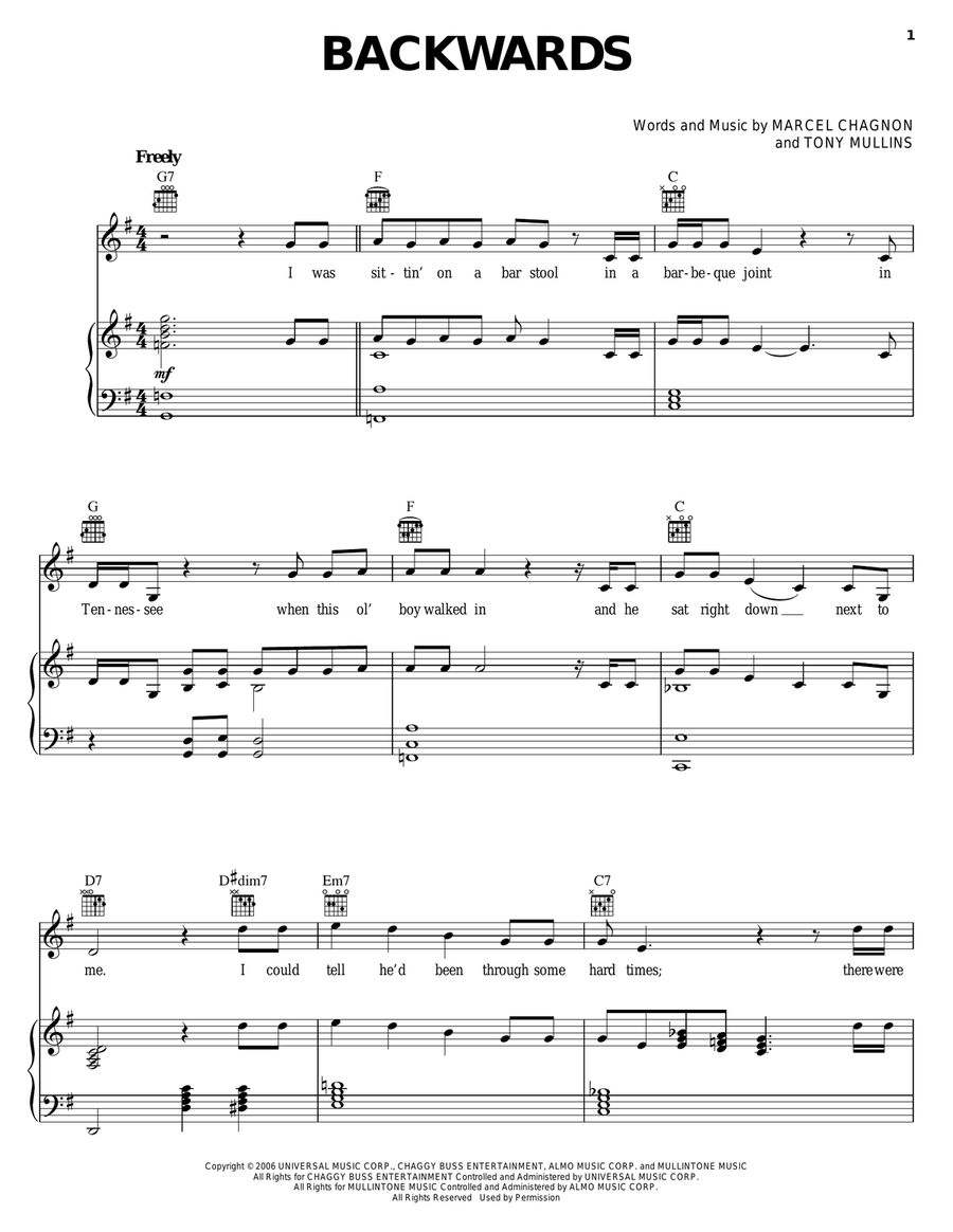 Backwards Backwards Piano, Vocal, Guitar scores gallery preview page 1