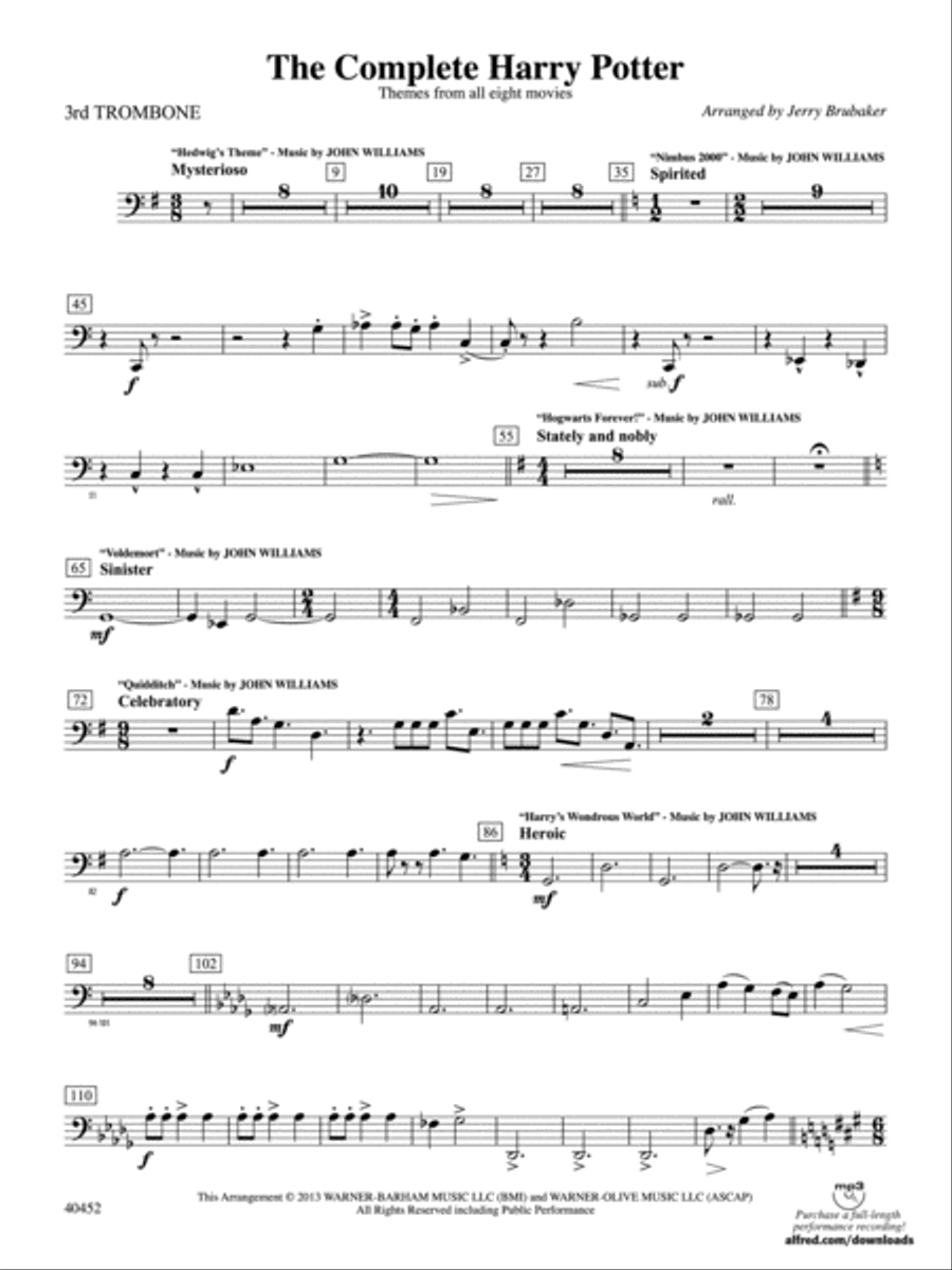 The Complete Harry Potter: 3rd Trombone Full Orchestra scores gallery preview page 1
