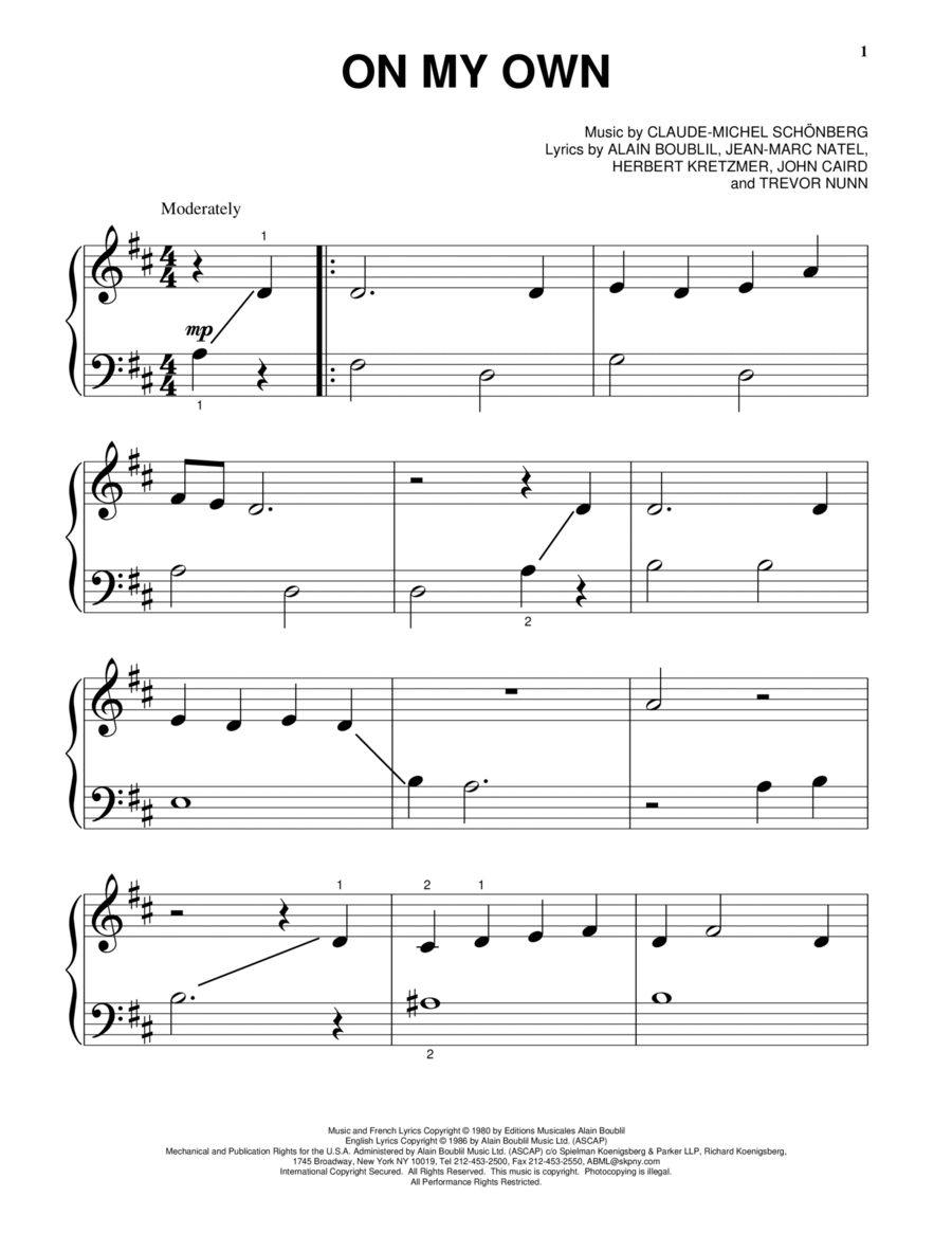 On My Own (from Les Miserables) Easy Piano scores gallery preview page 1