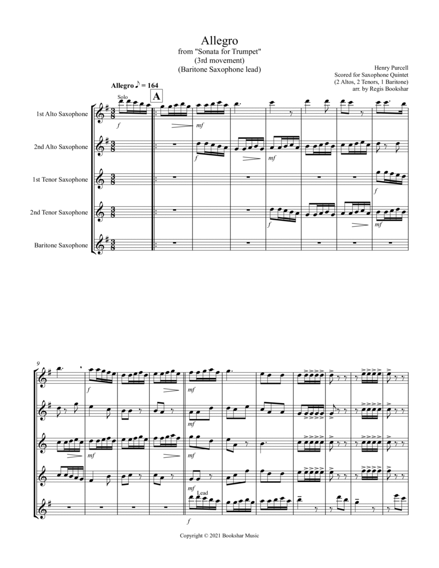 Allegro (from "Sonata for Trumpet") (Bb) (Saxophone Quintet - 2 Alto, 2 Tenor, 1 Bari) (Baritone lea image number null