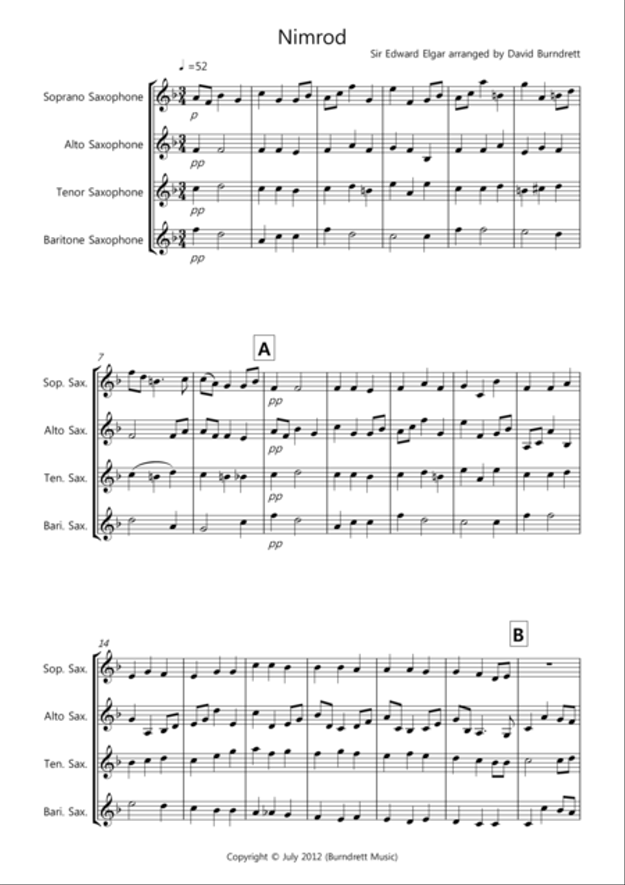 Nimrod (from the Enigma Variations) for Saxophone Quartet Saxophone Quartet scores gallery preview page 1
