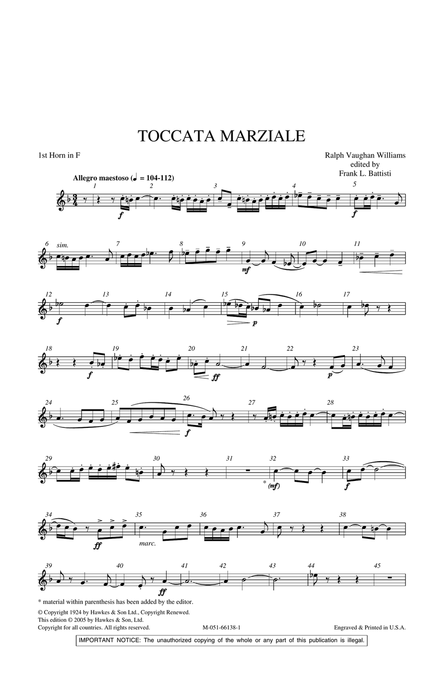 Toccata Marziale - 1st Horn in F Concert Band scores gallery preview page 1