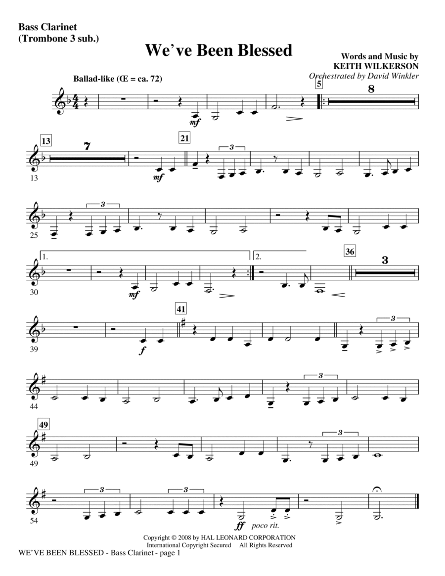 We've Been Blessed - Bass Clarinet (sub. Tbn 3) Choir scores gallery preview page 1