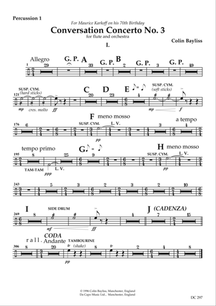 Conversation Concerto No.3 - for flute and orchestra [parts for percussion, solo flute and strings]