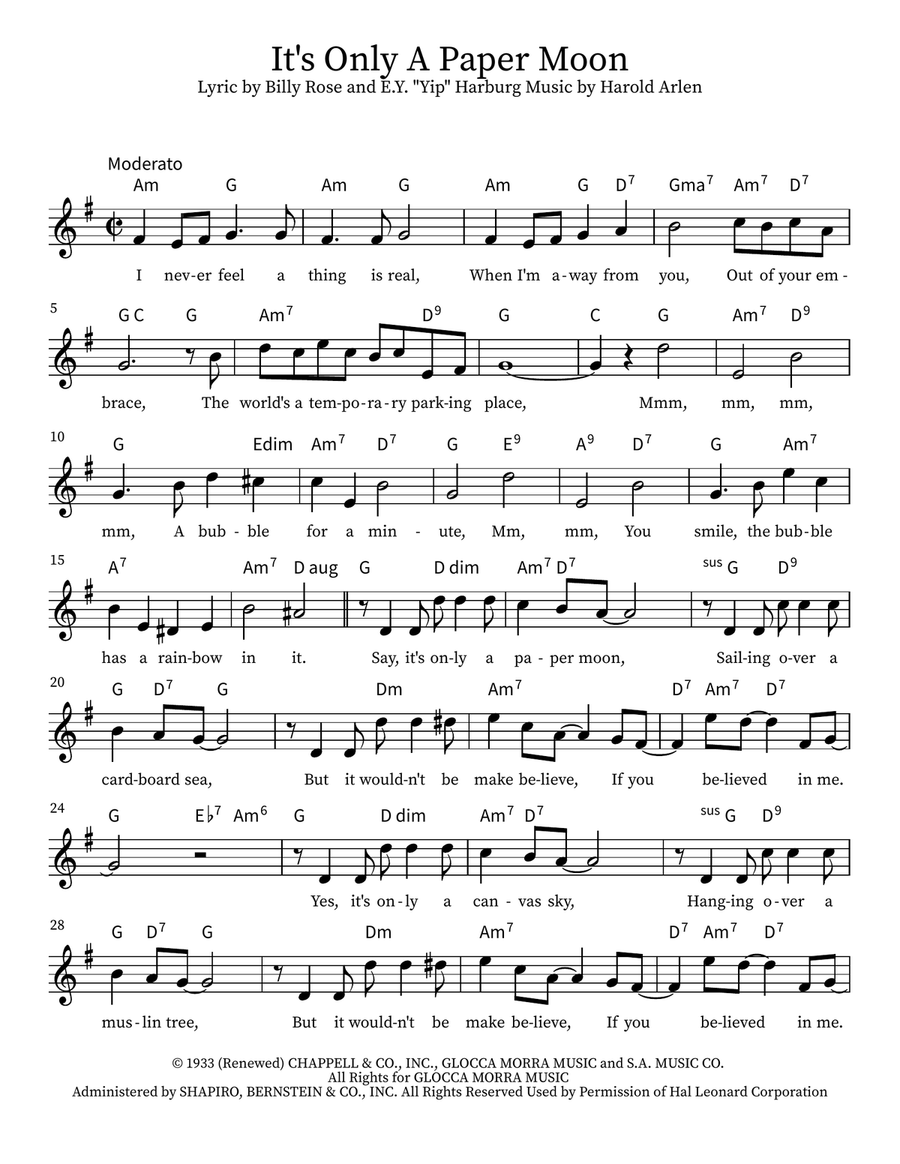 It's Only A Paper Moon Piano, Vocal scores gallery preview page 1