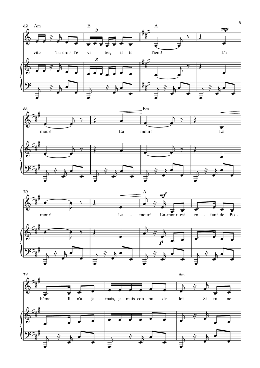 Habanera - Carmen for piano, chords and voice in A minor. Piano, Vocal scores gallery preview page 5