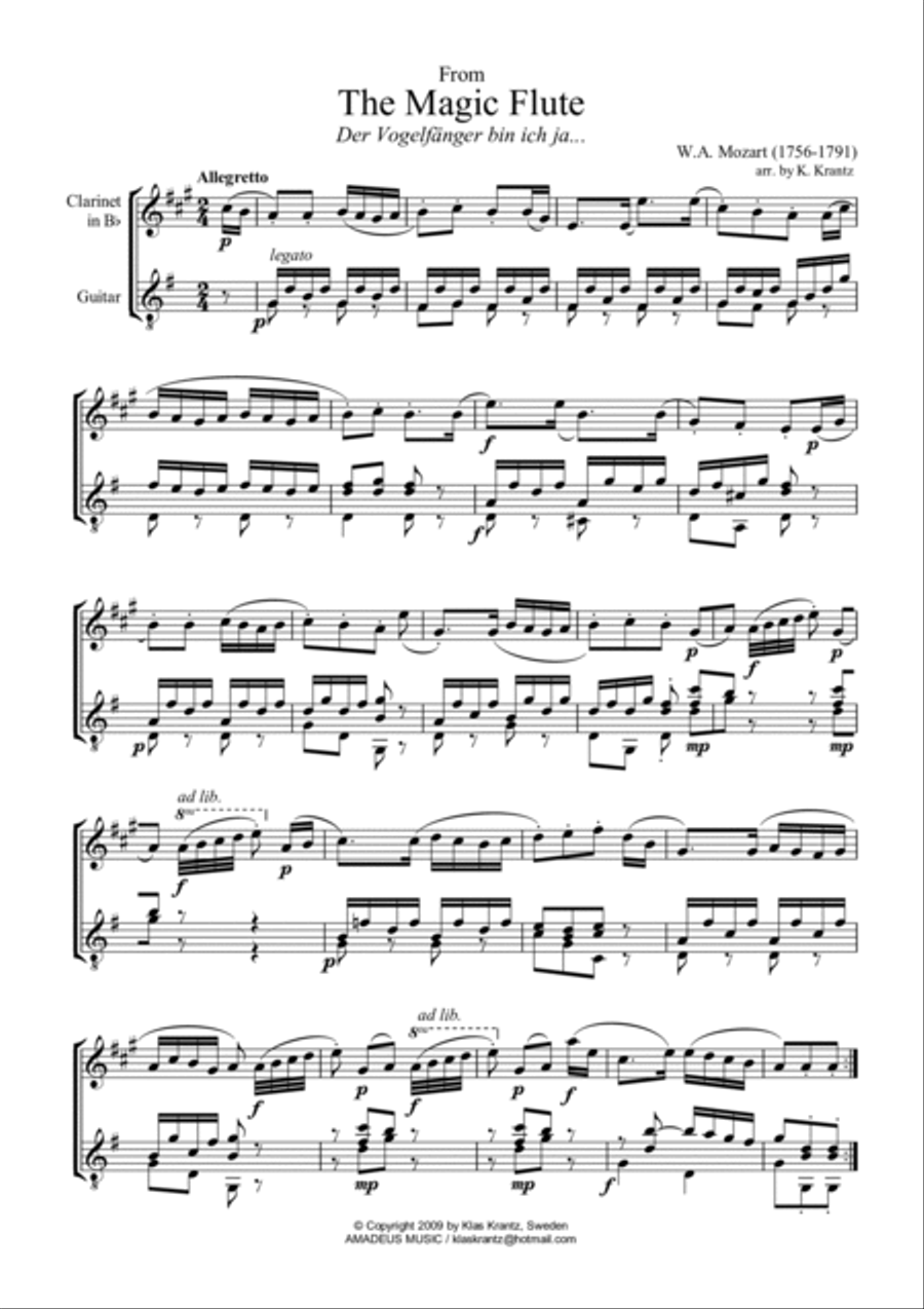 7 short pieces by Mozart for clarinet in Bb and guitar (corrected version!!!) B-Flat Clarinet scores gallery preview page 2