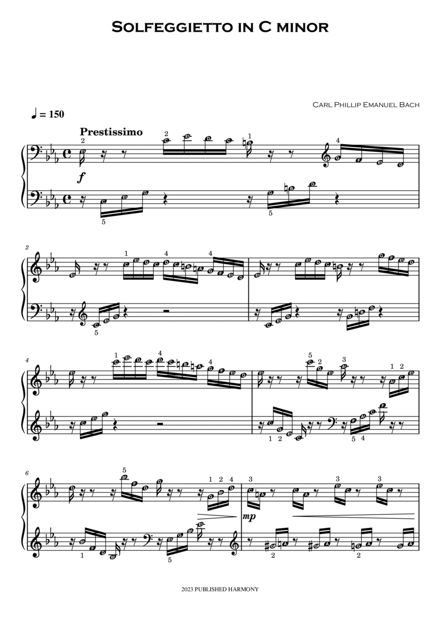 Solfeggietto in C minor - CPE Bach - Piano Sheet with note names Self Learning Series Piano Solo scores gallery preview page 1
