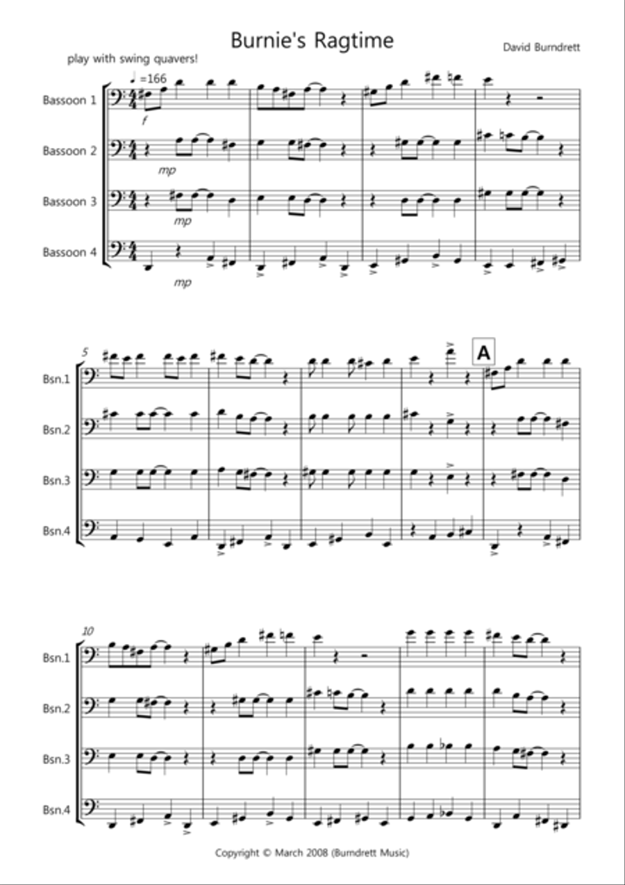 Burnie's Ragtime for Bassoon Quartet Bassoon Quartet scores gallery preview page 1