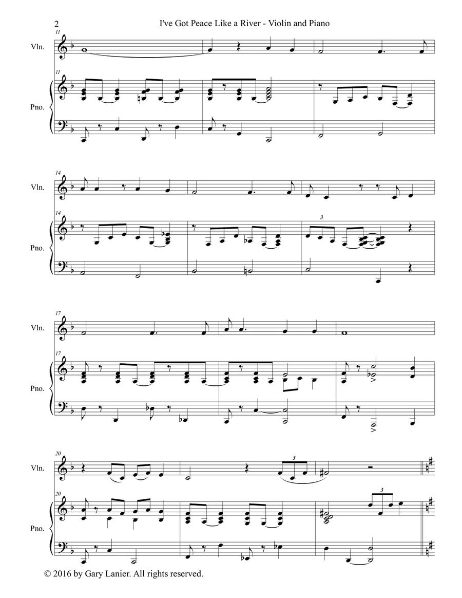 Gary Lanier: I'VE GOT PEACE LIKE A RIVER (Duet – Violin & Piano with Parts) Gary Lanier: I'VE GOT PEACE LIKE A RIVER (Duet – Violin & Piano with Parts) Violin Solo scores gallery preview page 3