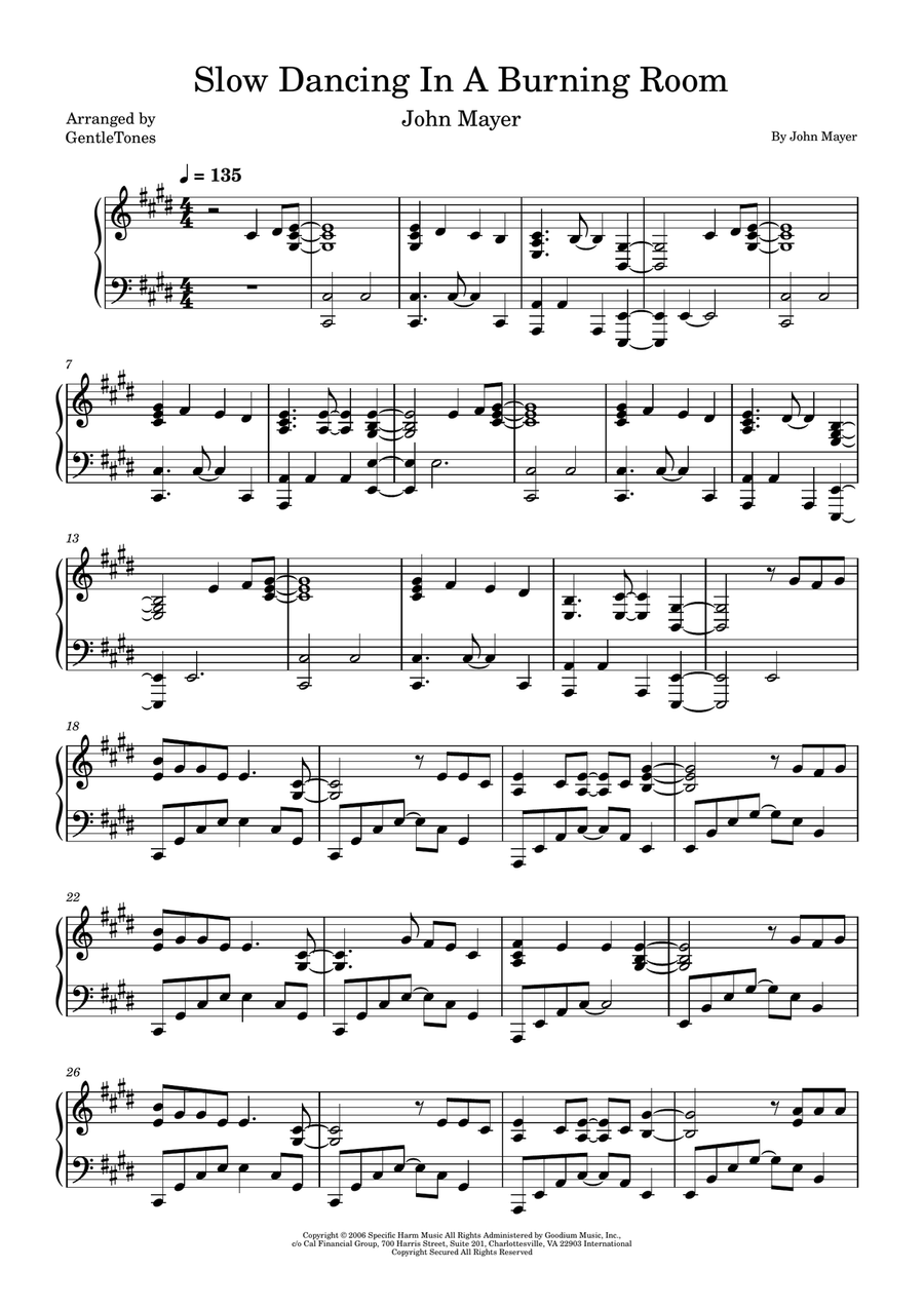 Slow Dancing In A Burning Room Piano Solo scores gallery preview page 1