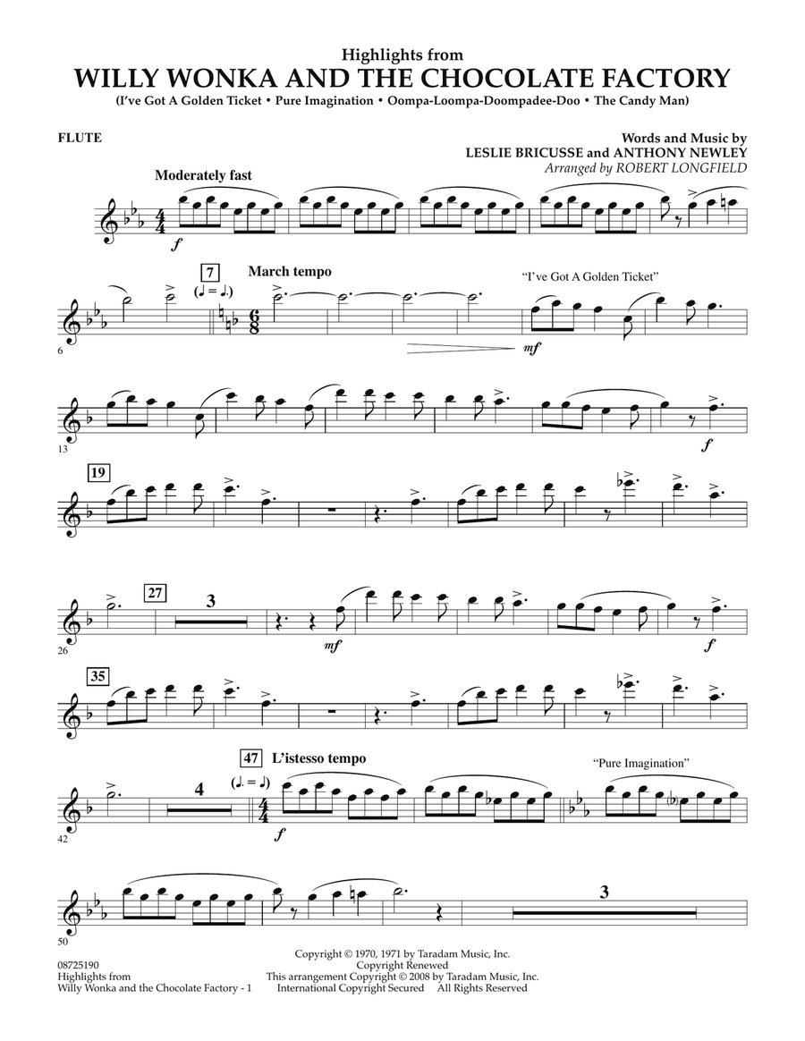 Highlights from Willy Wonka And The Chocolate Factory - Flute Concert Band scores gallery preview page 1