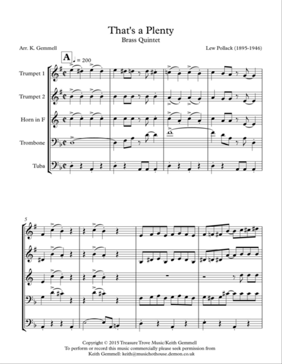 That's a Plenty: Brass Quintet Brass Quintet scores gallery preview page 1