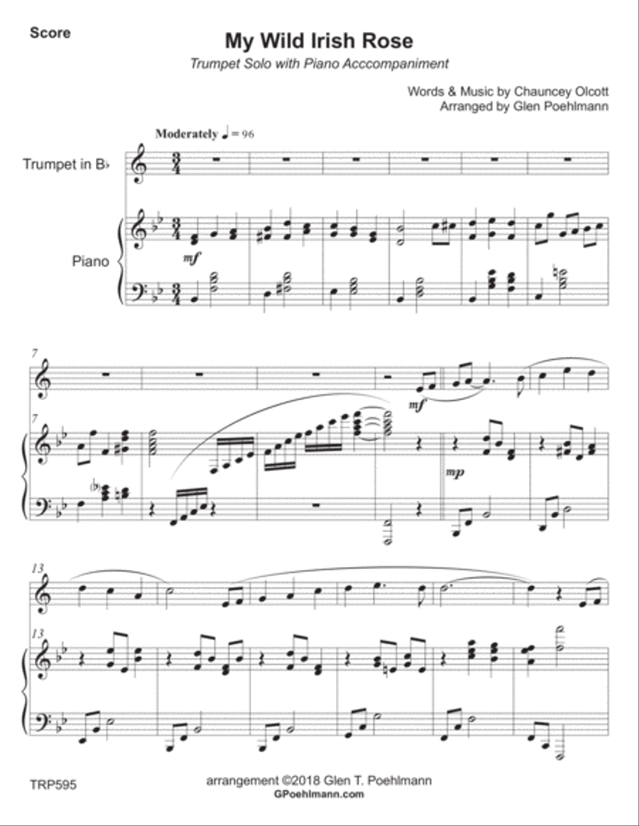 MY WILD IRISH ROSE - TRUMPET SOLO with Piano Accompaniment Trumpet Solo scores gallery preview page 1