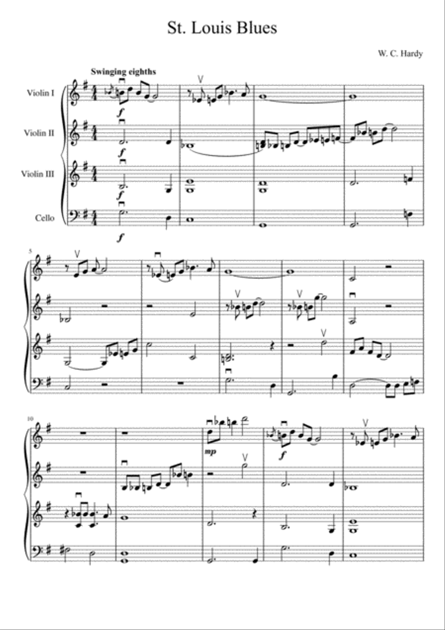 Saint Louis Blues (three violins and cello) String Quartet scores gallery preview page 2