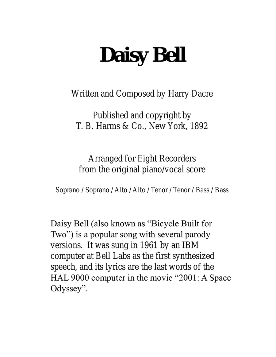 Daisy Bell for Recorder Octet image number null