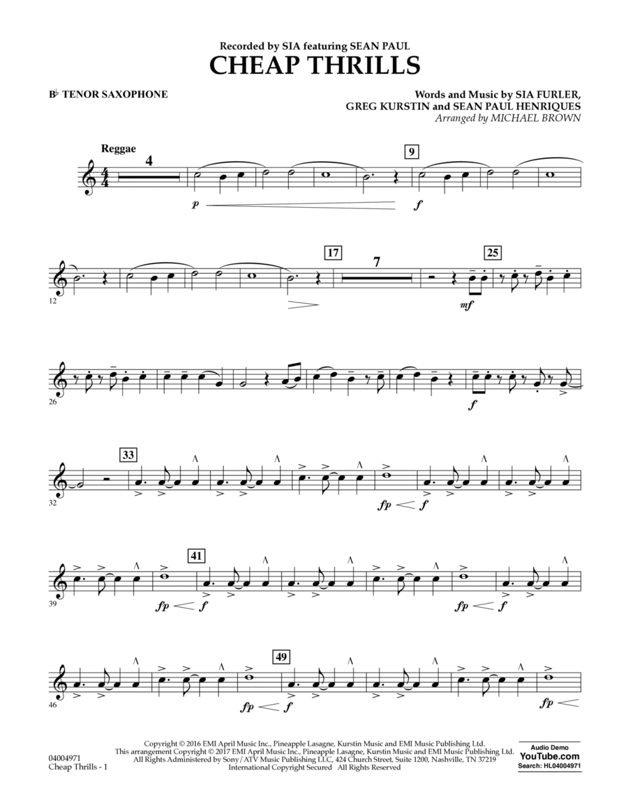 Cheap Thrills - Bb Tenor Saxophone Tenor Saxophone scores gallery preview page 1