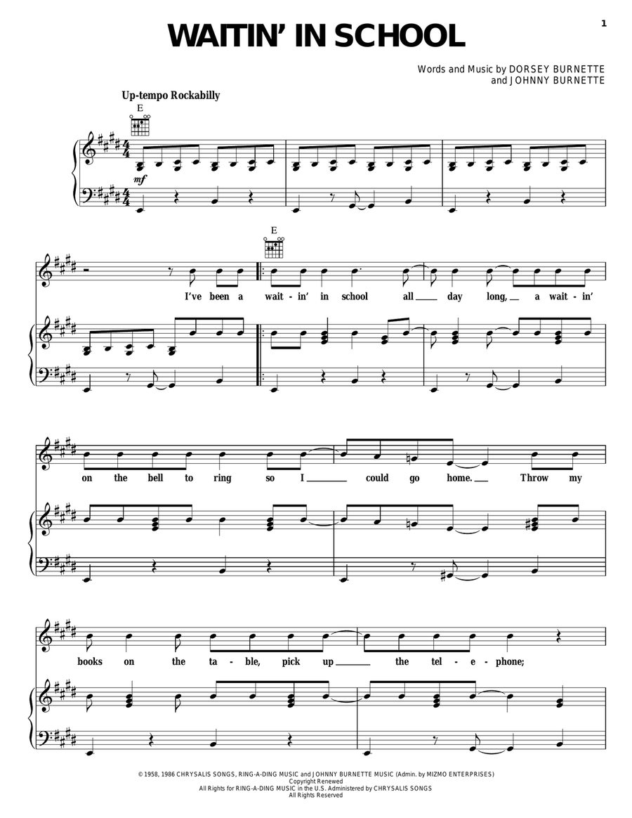 Waitin' In School Piano, Vocal, Guitar scores gallery preview page 1