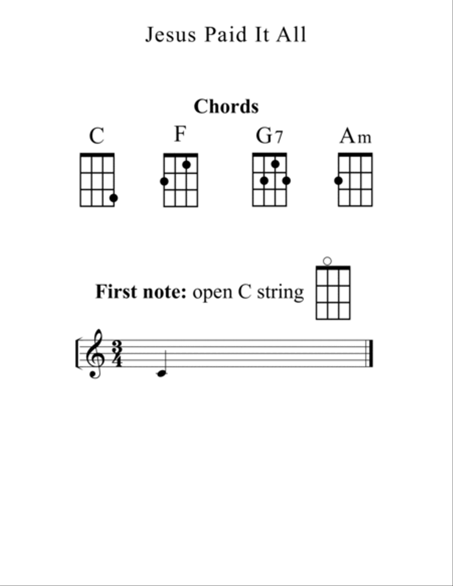 Jesus Paid It All for Ukulele (Chords, TAB, Melody, and Lyrics with optional Piano Accompaniment) Voice scores gallery preview page 4