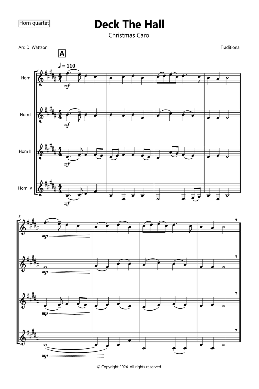 Deck The Hall - for horn quartet Brass Quartet scores gallery preview page 1