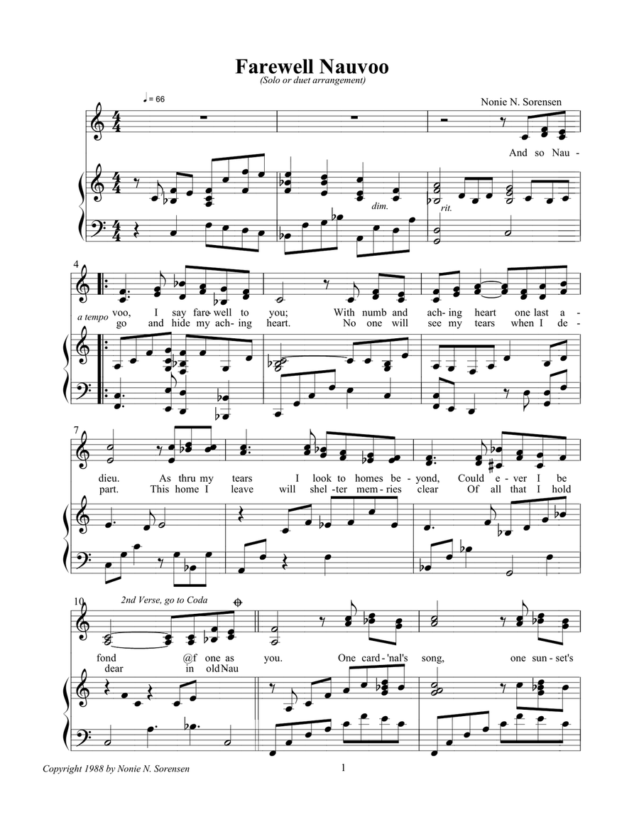 Farewell Nauvoo by Nonie N. Sorensen from the Muscal show Rendezvous in Old Nauvoo Piano scores gallery preview page 1