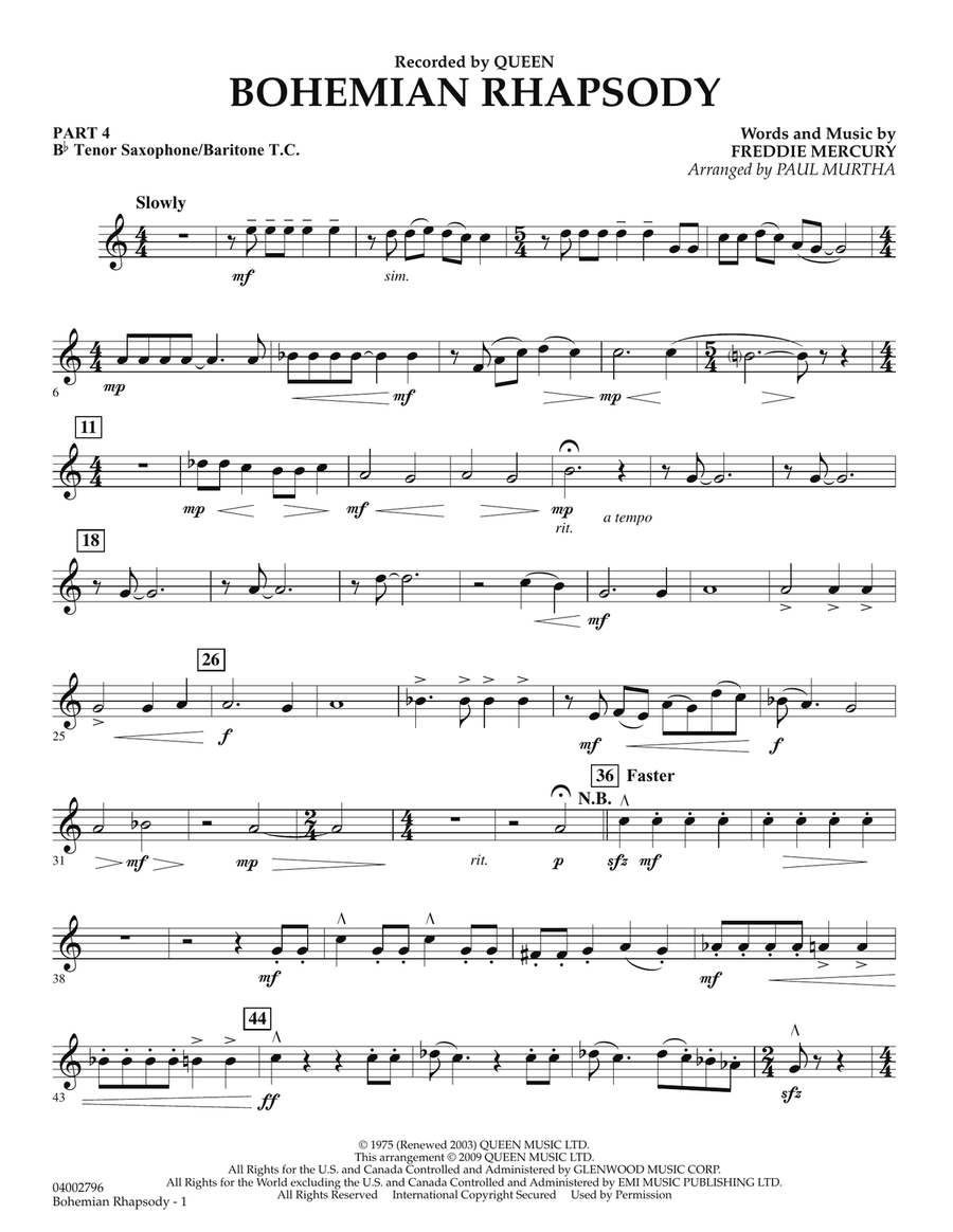 Bohemian Rhapsody - Pt.4 - Bb Tenor Sax/Bar. T.C. Concert Band scores gallery preview page 1