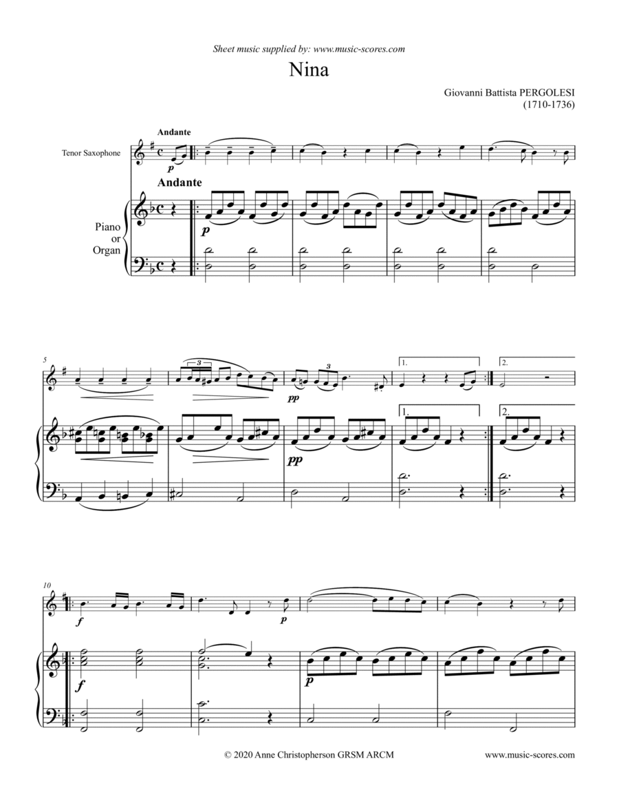 Nina - Tenor Sax and Piano/Organ (D minor) Tenor Saxophone scores gallery preview page 1