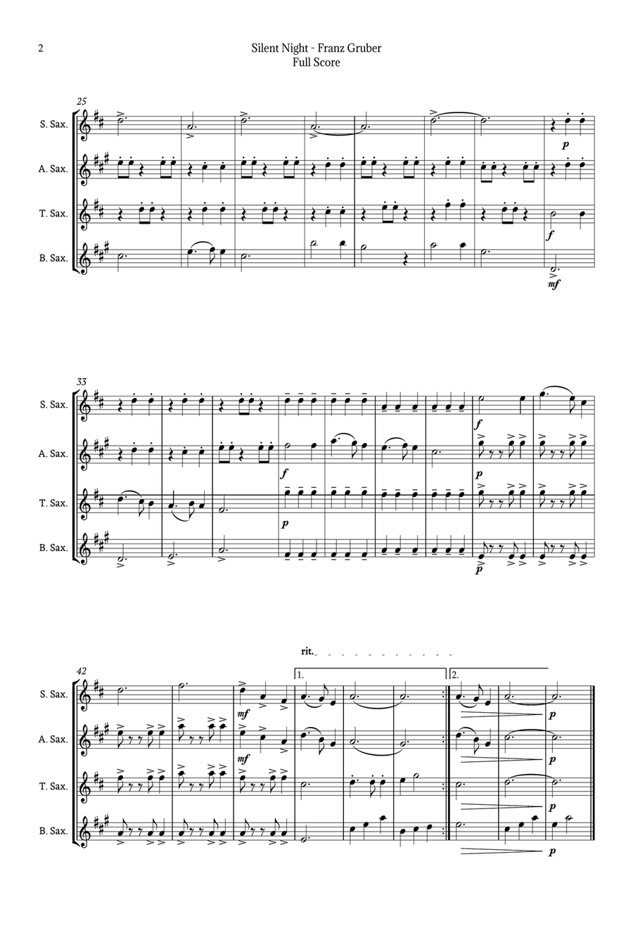 Silent Night for Sax Quartet Saxophone Quartet scores gallery preview page 2