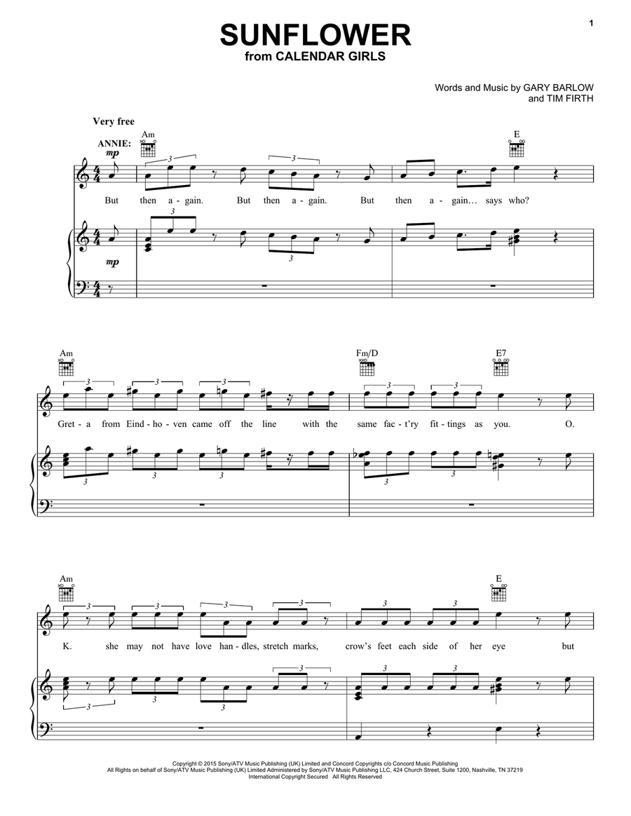 Sunflower (from Calendar Girls the Musical) Piano, Vocal, Guitar scores gallery preview page 1