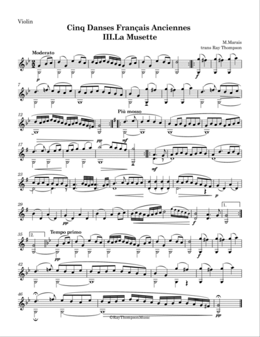 Marais: Cinq Danses Français Anciennes (Five Old French Dances) III. La Musette - vln/vla/vc/piano Violin scores gallery preview page 3