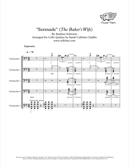 Serenade (The Baker's Wife) - Cello Quintet - Stephen Schwartz arr. Cellobat - Recording Available! image number null