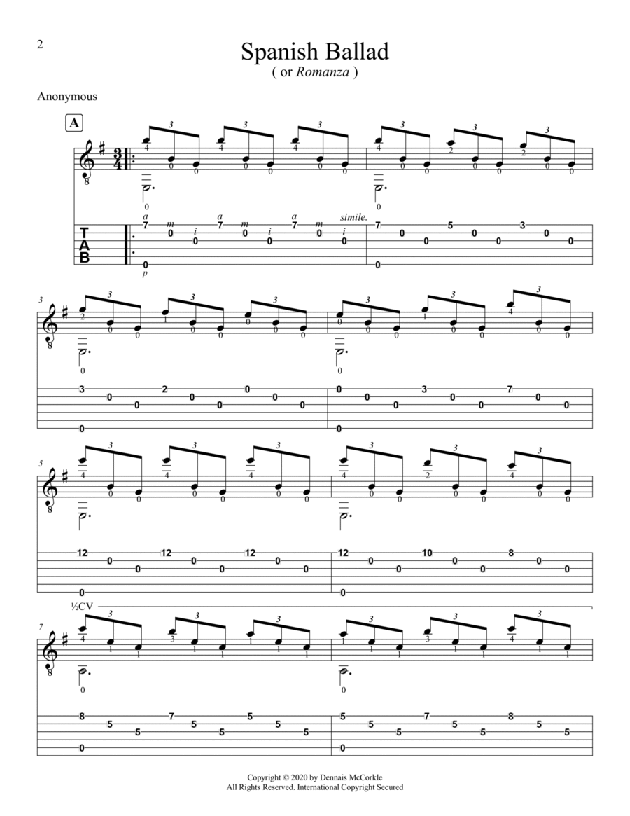 Spanish Ballad ( or Romanza ) Classical Guitar scores gallery preview page 1
