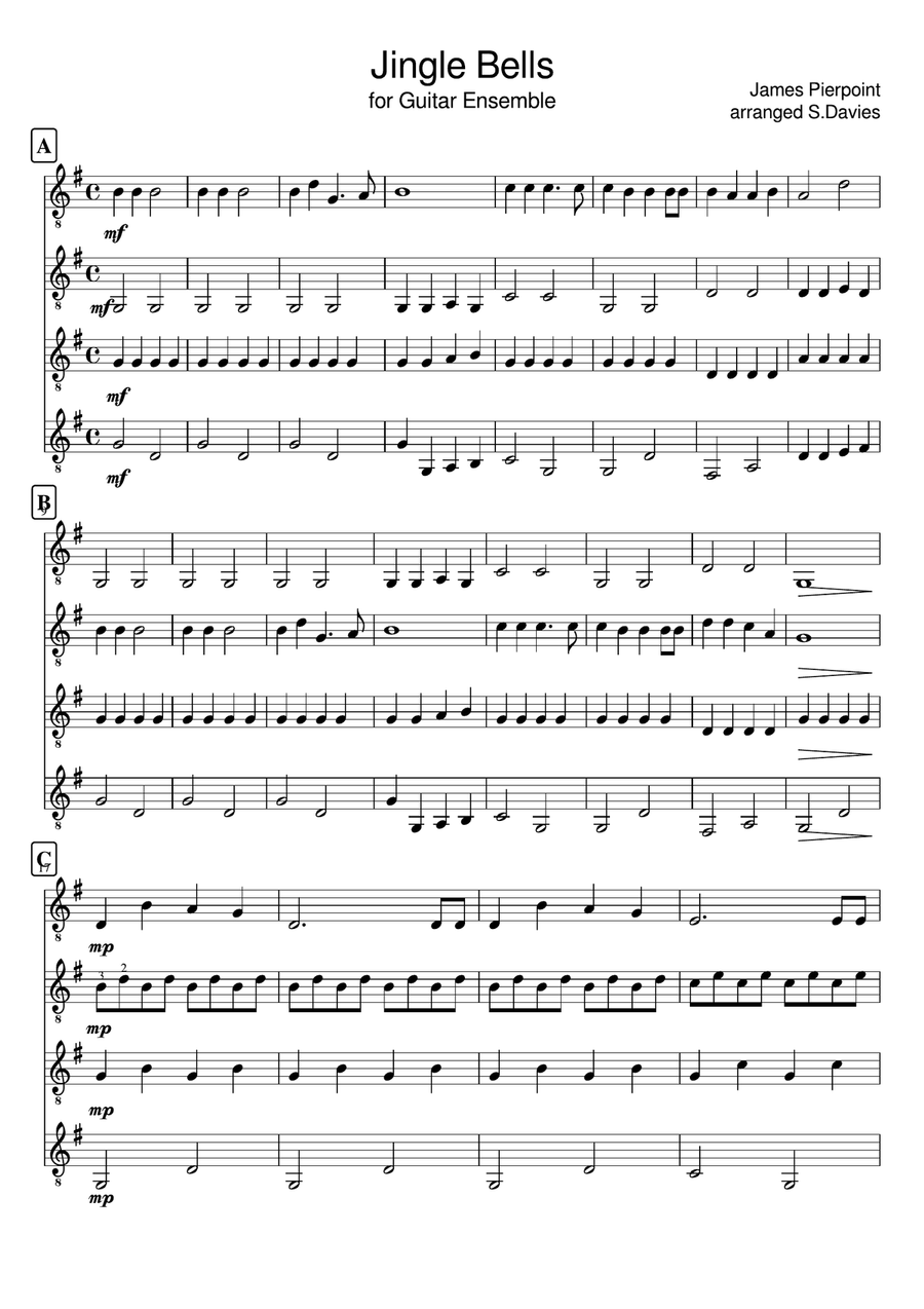 Jingle Bells - Easy Guitar Ensemble Guitar Ensemble scores gallery preview page 1